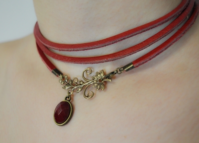 Leder Choker - Frühlingstraum - Jewelry - Geschenk für Sie - Jade - Rot - Edelstein - Handmade